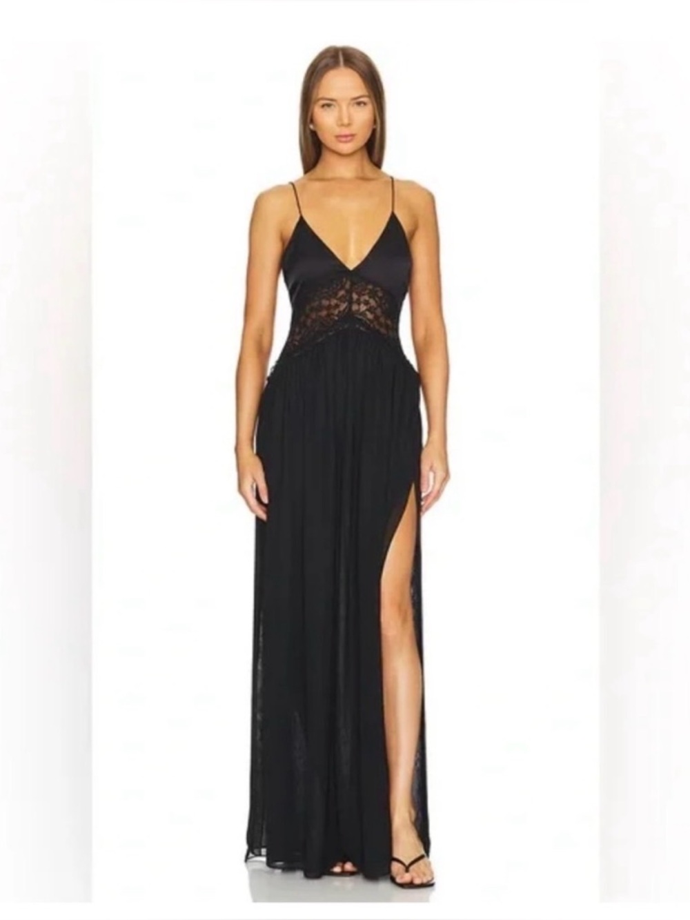 Ronny Kobo Collection Black Spaghetti-Strap Maxi Dress with Lace Waist